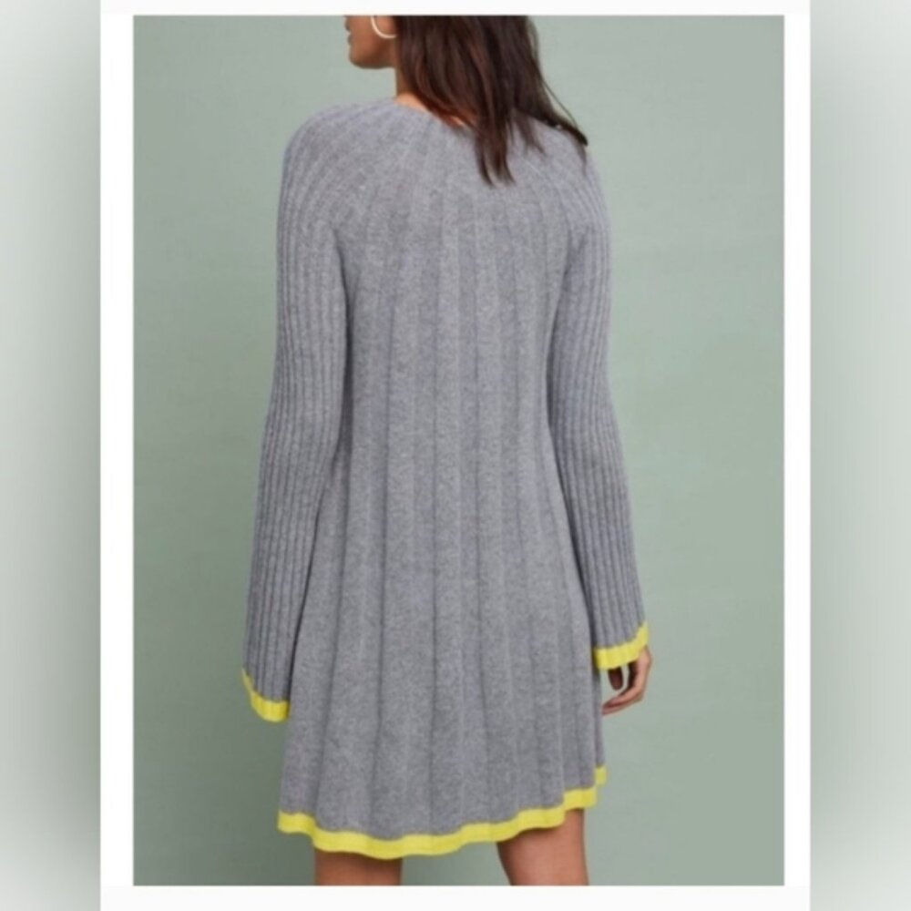 ANTHROPOLOGIE Arseneau Gray Neon Yellow Wool Alpaca Ribbed Knit Sweater Dress XS